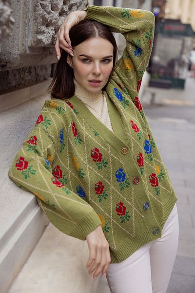 Sementa V-Neck Buttoned Rose Patterned Knitwear Cardigan Green