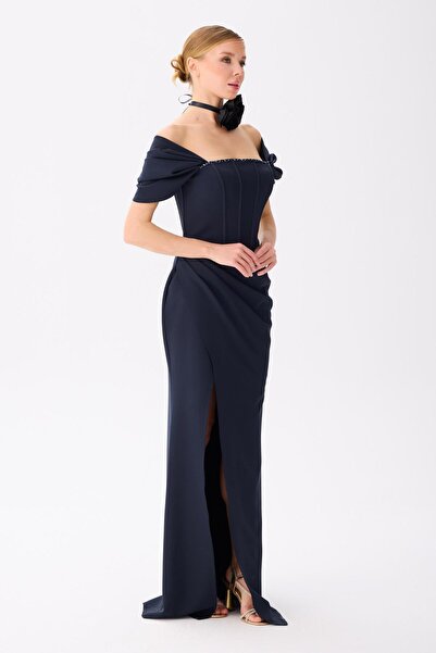 Carmen Lacivert Sırtı Bağlamalı Krep Abiye Elbise