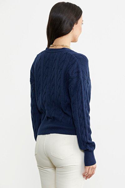 Sementa V-Neck Buttoned Hair Braided Knitwear Cardigan - Navy Blue