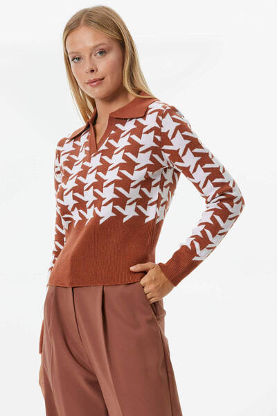 Sementa Patlı Polo Yaka Kazayağı Desenli Triko Kazak - Kiremit