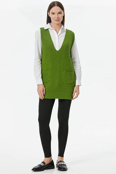 Sementa Deep V-Neck Long Knitwear Sweater with Pockets - Green