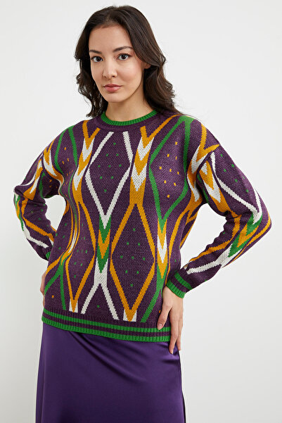 Sementa Renkli Baklava Desenli Yünlü Triko Kazak - Mor