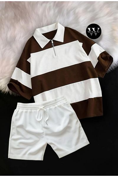 warn Unisex κομματιασμένο γιακά πόλο με μισό φερμουάρ Σορτς Σετ-μεγάλο μαύρο και άσπρο σετ γιακά πόλο
