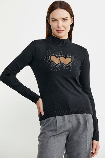 Sementa Pulover de tricotaj negru - Detaliu de piatră, guler vertical