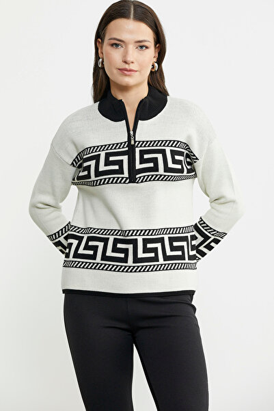 Sementa Stand Collar Block Patterned Knitwear Sweater - Bone Color
