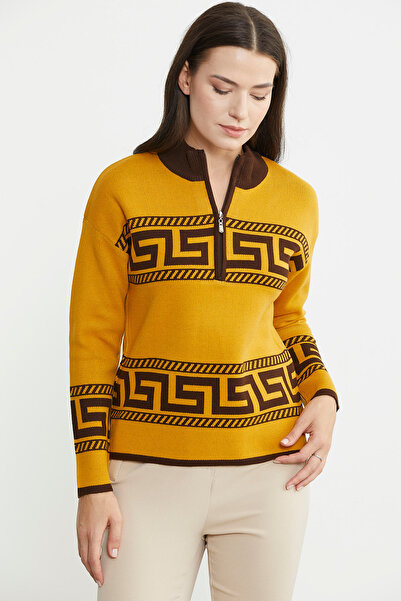 Sementa Sun Patterned Block Knitwear Sweater - Stand Collar