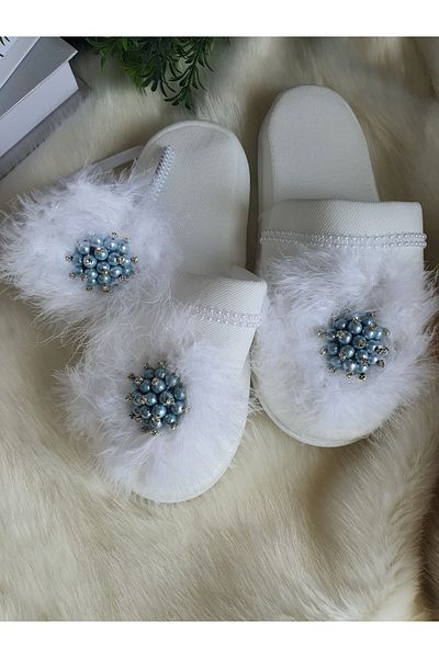 Fiyonks Atölye Feathered Pearled Maternity Slippers, Feathered Maternity Crown Slippers Set with Pearls