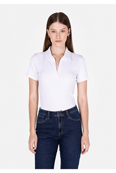 Colin's Tricou alb cu mânecă scurtă pentru femei, slim fit, cu gât polo