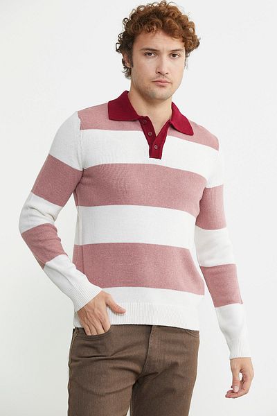 Sementa Πλεκτό Πουλόβερ Polo Collar Striped Wool - Rose