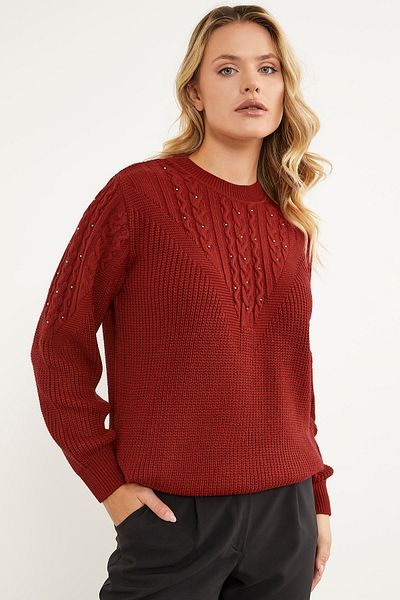 Sementa Pearl Detailed Stand Collar Knitwear Sweater - Red