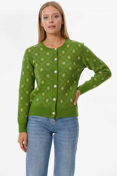 Sementa Green Pearl Button Floral Patterned Knitwear Cardigan