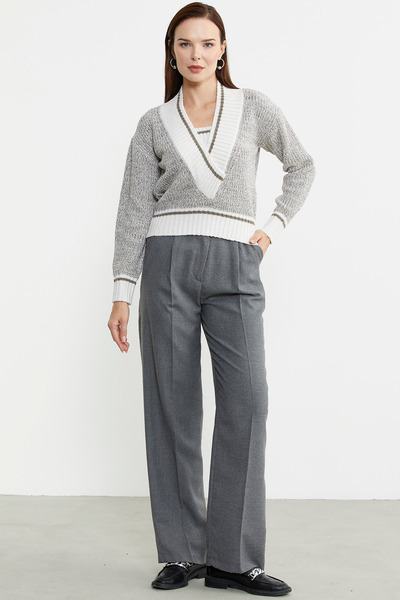 Sementa V Banded Deep Wool Knitwear Sweater - Bone