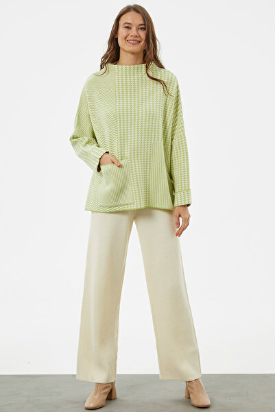 Sementa Çok Geniş Kalıp Kazayağı Desen Triko Kazak - Yeşil