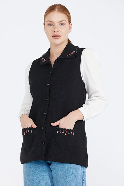 Sementa Women's Buttoned Knitwear Vest with Pockets - Black