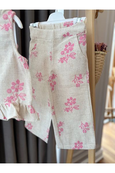 Baby Babyaden Embossing Floral Linen Tank Top Top Side Zipper Pants Girl Child Set