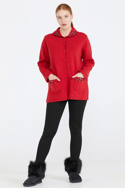 Sementa Women's Polo Collar Pocket Embroidered Knitwear Jacket - Red