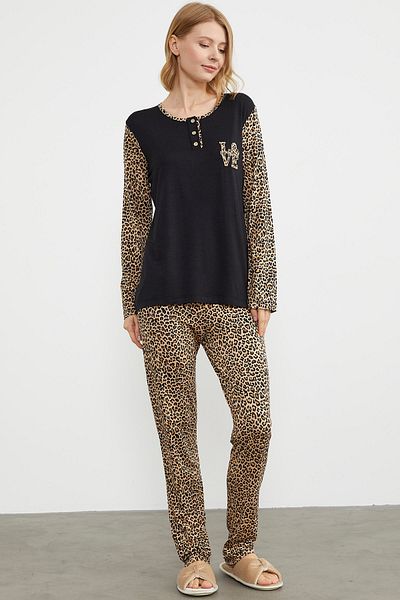 Sementa Set pijama cu guler cu nasturi leopard - negru