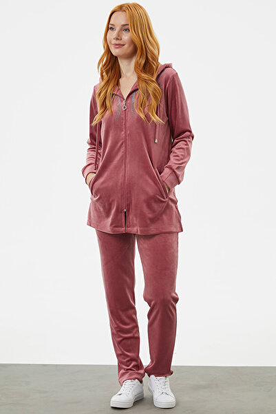 Sementa Σετ αθλητική φόρμα με βελούδινη πέτρα με πλήρες φερμουάρ - Dusty Rose