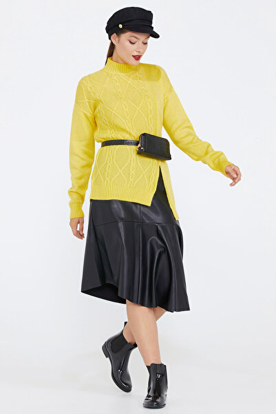 Sementa Kadın Yırtmaçlı Triko Kazak - Sarı