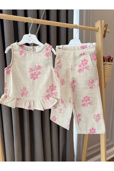 Baby Babyaden Embossing Floral Linen Tank Top Top Side Zipper Pants Girl Child Set