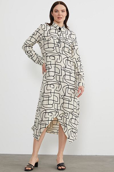 Sementa Geometric Patterned Shirt Collar Dress - Ecru