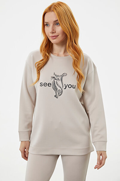 Sementa Baskılı Sıfır Yaka Oversize Eşofman Takım - Bej