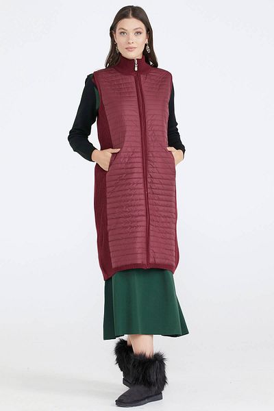 Sementa Women's Stand Collar Quilted Zippered Knitwear Vest - Claret Red