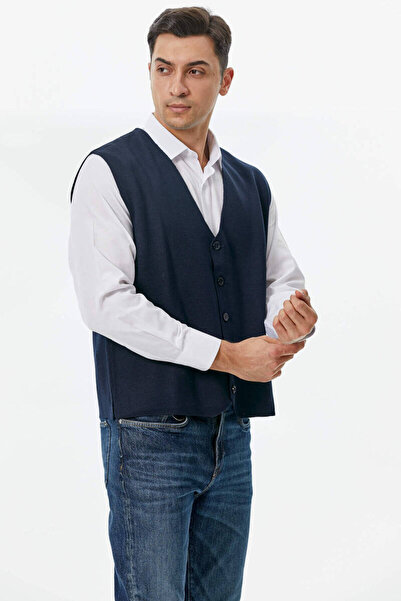 Sementa Κλασικό Πλεκτό Γιλέκο Πλεκτό με Κουμπί - Navy Blue