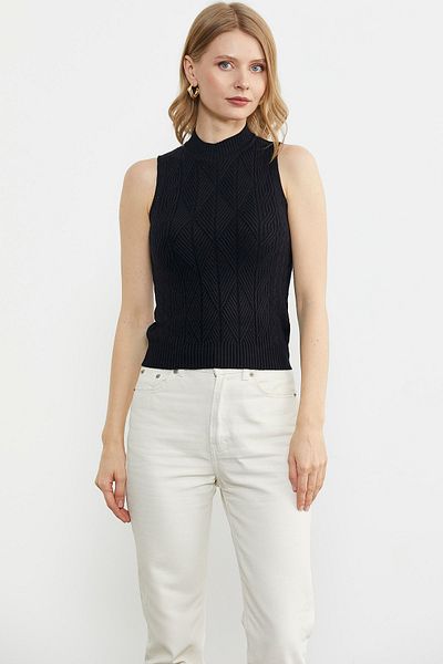 Sementa Motif Stand Collar Knitwear Sweater - Black