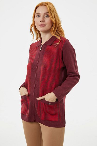Sementa Thick Zippered Pocket Detailed Knitwear Cardigan - Claret Red