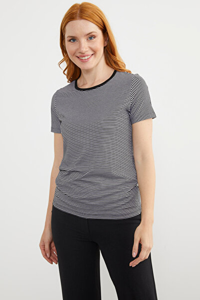 Sementa Ριγέ χτενισμένο βαμβακερό μπλουζάκι με γιακά - Μαύρο