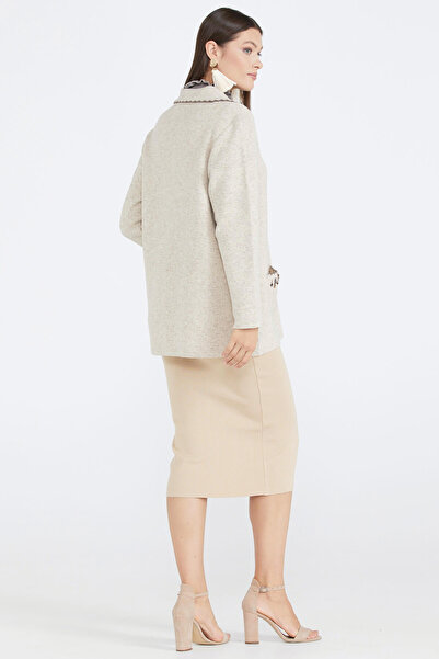 Sementa Women's Polo Collar Pocket Embroidered Knitwear Jacket - Light Beige