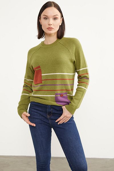 Sementa Pulover din tricotaje cu dungi de culoare cu buzunare bloc - verde