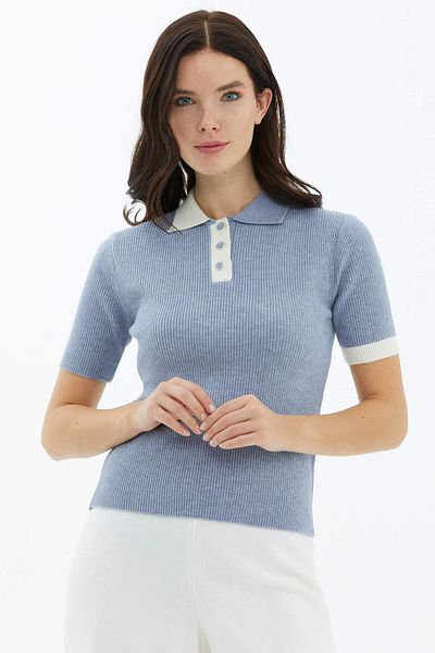 Sementa Pulover din tricot cu mânecă scurtă, cu guler polo, cu nasturi - Albastru