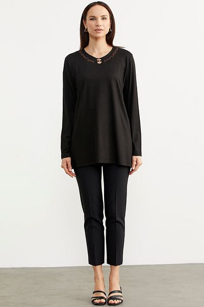 Sementa Tricou din bumbac pieptănat cu mânecă lungă cu guler brodat - negru