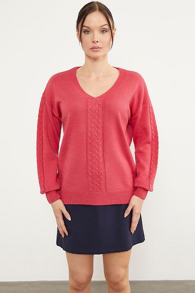 Sementa V-Neck Knitwear Sweater with Hair Knit Detail - Coral