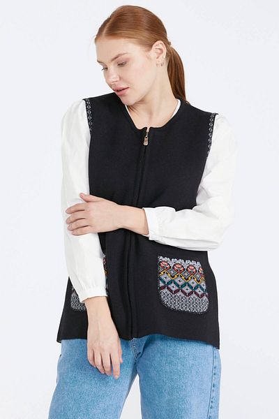 Sementa Women's Zippered Knitwear Vest with Pockets - Black - Gray