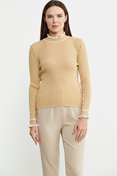Sementa Beige Knitwear Sweater with Stand Collar and Button Detail