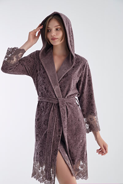 Nuşa Kapüşonlu Dantelli Jakarlı Bambu Pamuk Sabahlık