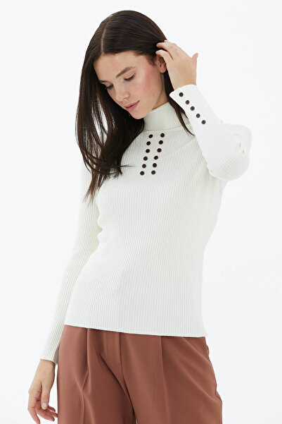 Sementa Full Turtleneck Buttoned Knitwear Sweater - Bone