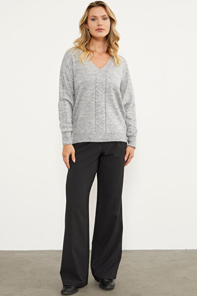 Sementa V-Neck Knitwear Sweater with Hair Knit Detail - Gray
