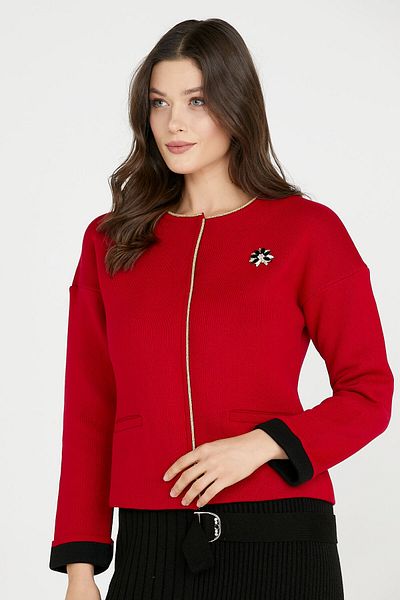 Sementa Glitter Detailed Short Knitwear Jacket - Red - Black