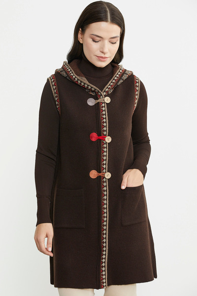 Sementa Дълга вълнена плетена жилетка с етнически шарки, кафяв цвят