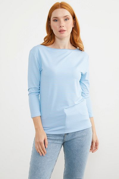 Sementa Tricou Albastru cu Maneca Lunga Gât Barca Model dungi