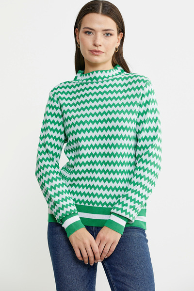 Sementa Green Double Color Houndstooth Patterned Knitwear Sweater