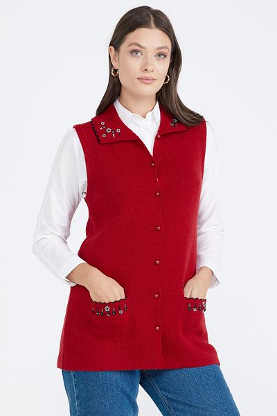 Sementa Women's Buttoned Knitwear Vest with Pockets - Red