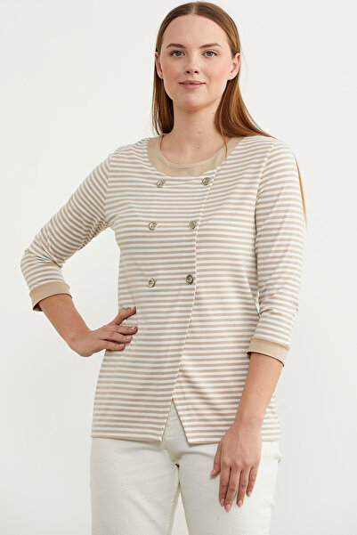 Sementa Μπλουζάκι με ριγέ μακρυμάνικο με λεπτομέρεια με κουμπί - Mink