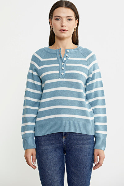 Sementa Pulover din lână cu dungi albastre - nasturi cu guler