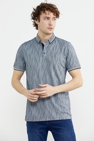 Sementa Тениска с поло яка Slim Fit и шарки - тъмносиня