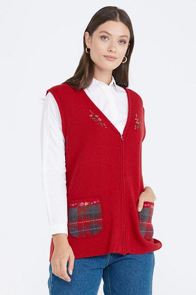 Sementa Zippered Knitwear Vest with Pockets - Red